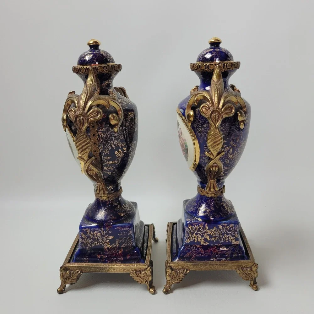 Empire Porcelain Cobalt Gold Gilded Urn Centerpiece 3pc Garniture Set England